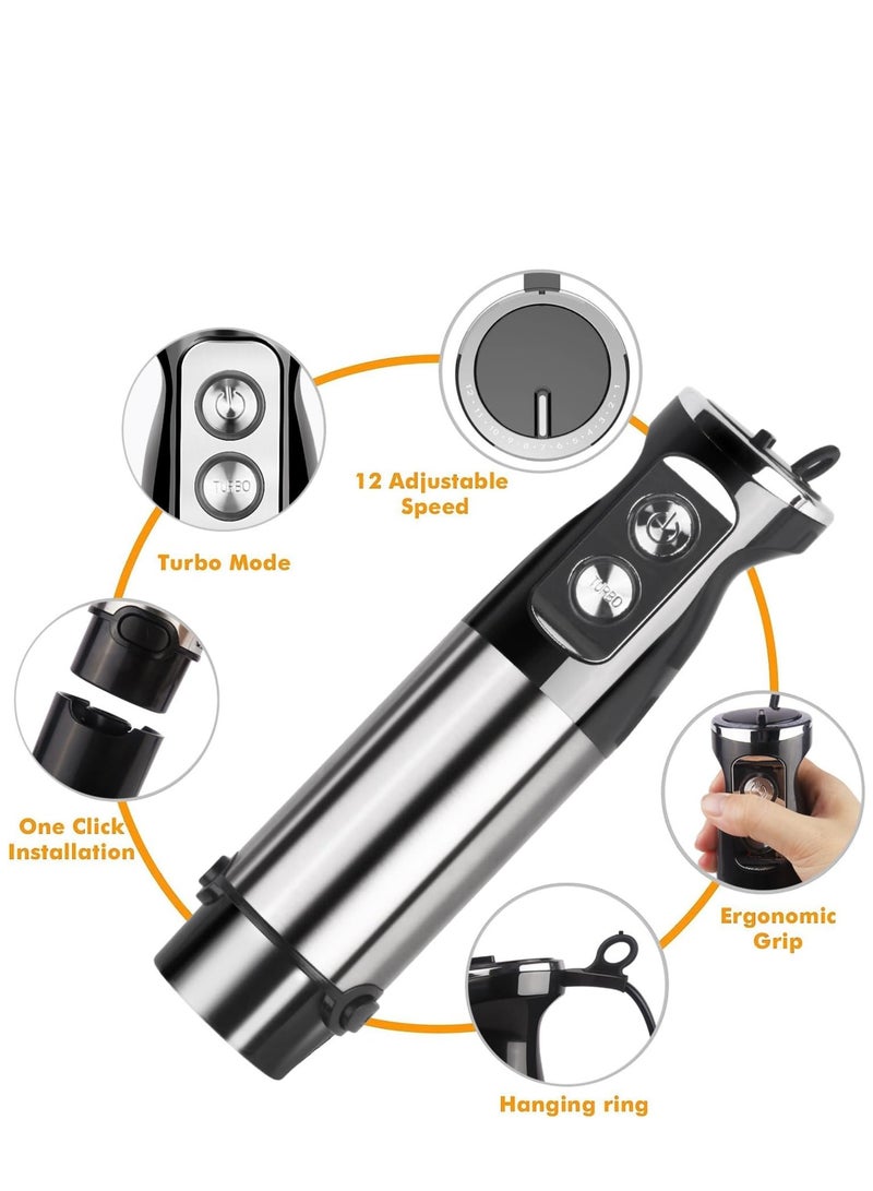 6 in 1 Hand Blender, 800W Electric Immersion Blender, 12-Speed Stainless Steel Hand Stick Blender with Egg Whisk, Milk Frother, 500ml Chopper Bowl,600ml Food Processor for Smoothies, Puree, Baby Food  - Image 3