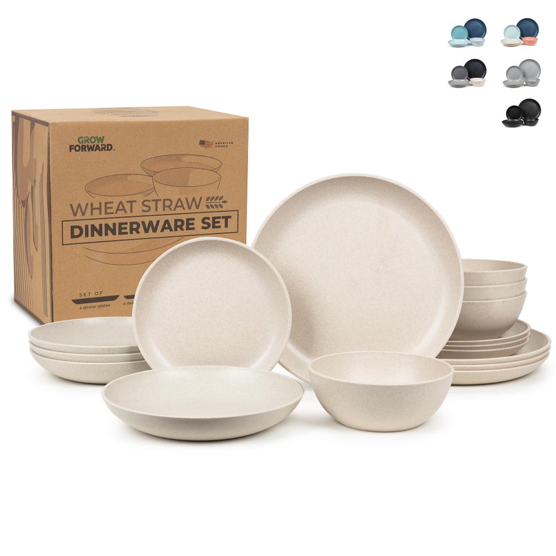 Grow Forward 16piece Premium Wheat Straw Dinnerware Sets for 4  Unbreakable Dishwasher  Microwave Safe Plastic Plates and Bowls Sets  Patio Outdoors RV Camping Dishes  Sahara