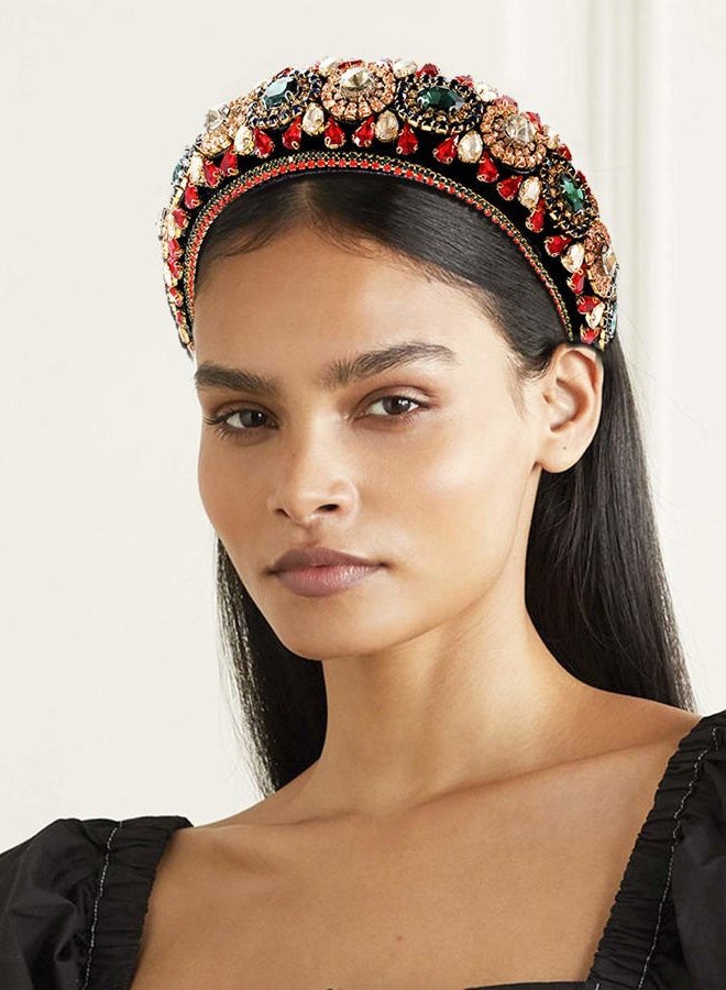 HSWE Padded Rhinestone Headband Bejewelled Crystal Velvet Wide hairband Party Headwear Hair Accessories for Women Girls (big rhinestone) - Image 2