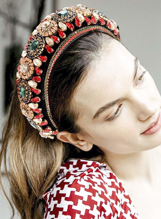 HSWE Padded Rhinestone Headband Bejewelled Crystal Velvet Wide hairband Party Headwear Hair Accessories for Women Girls (big rhinestone) - Image 3