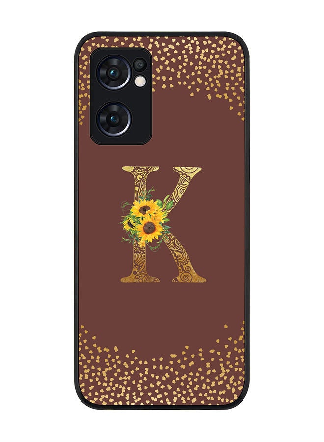 Stylizedd Rugged Black edge case for Oppo Reno7 5G  Slim fit Soft Case Flexible Rubber Edges Anti Drop TPU Gel Thin Cover - Custom Monogram Initial Letter Floral Pattern Alphabet - K (Brown ) - Image 1