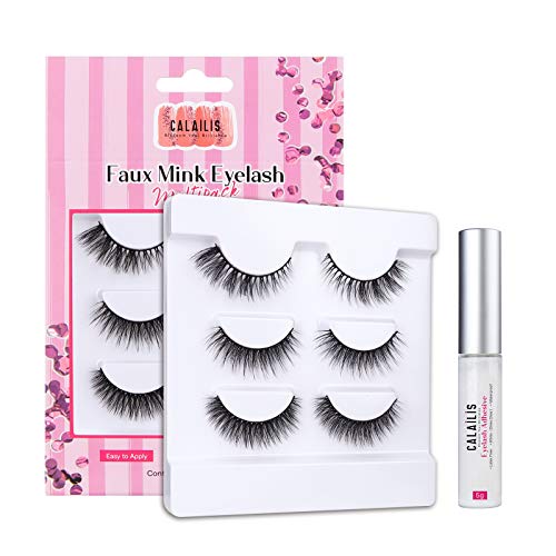 CALAILIS False Eyelash, Eye Makeup Lash 3D Faux Mink Fake Eyelash Long Natural Eyelashes 3 Pairs with 5g False Eyelash Glue (CS14) - Image 1