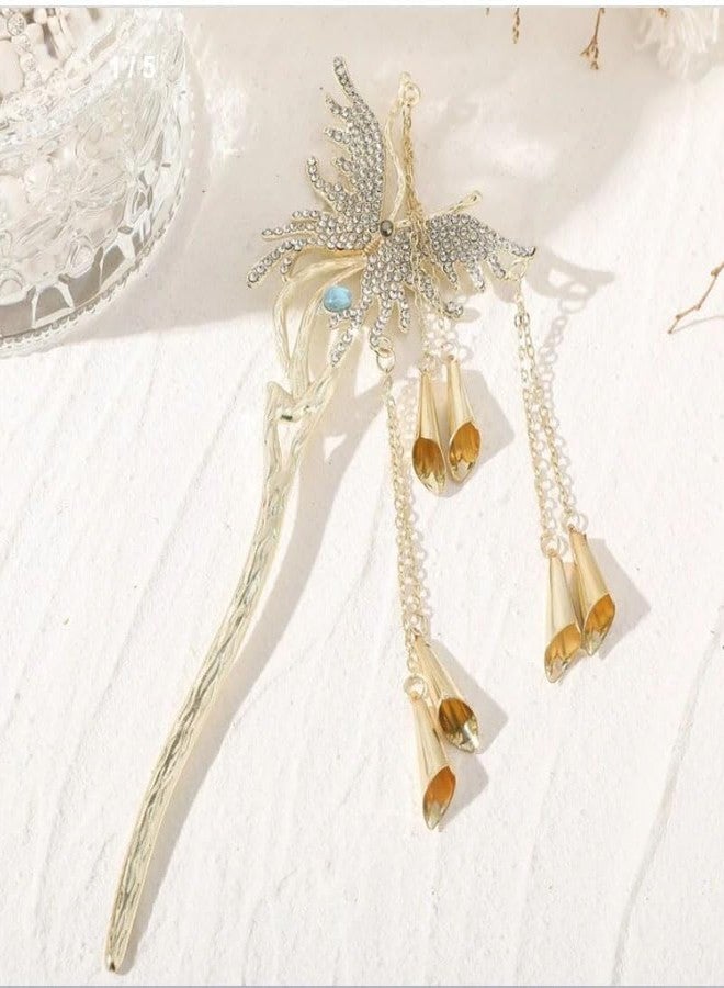 Ashkash 1 Pcs Retro Butterfly Hair Stick Metal Tassel Chopsticks Hair Clips Styling Hair Making Accessories for Women and Girl (Golden) - Image 1