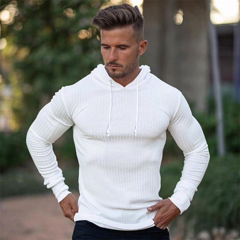 Autumn and Winter Men's Casual Sports Knitted Long-sleeved T-shirt European and American Fashion Pullover Fitness Hooded Training Base Shirt - Image 1