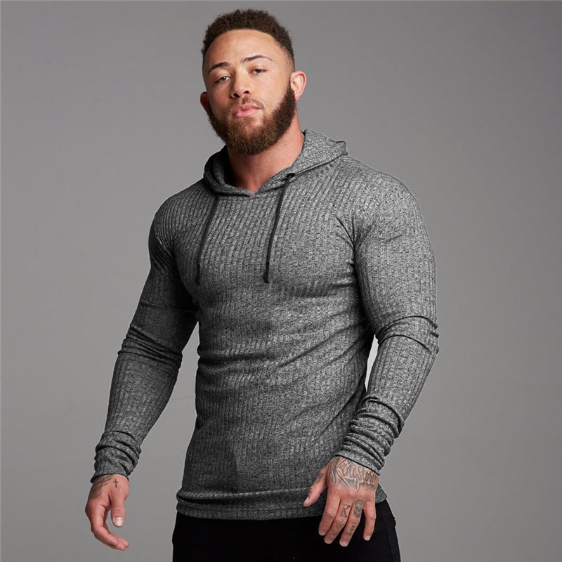 Autumn and Winter Men's Casual Sports Knitted Long-sleeved T-shirt European and American Fashion Pullover Fitness Hooded Training Base Shirt - Image 5