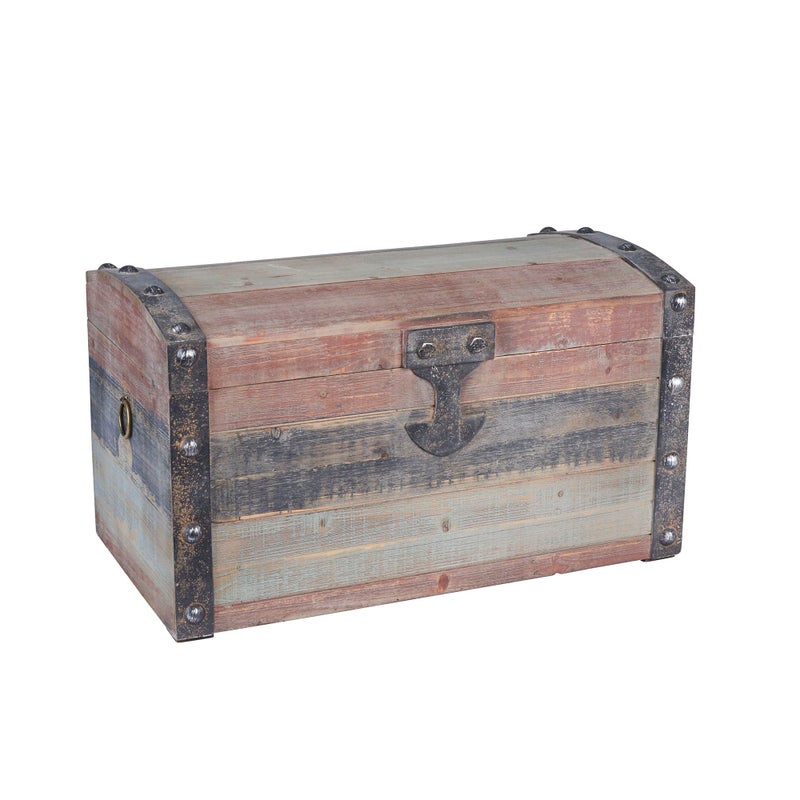 Household Essentials Household Essentials Small Wooden Storage Trunk Weathered Wood with Paint Finish Hinged Lid with Metal Accents