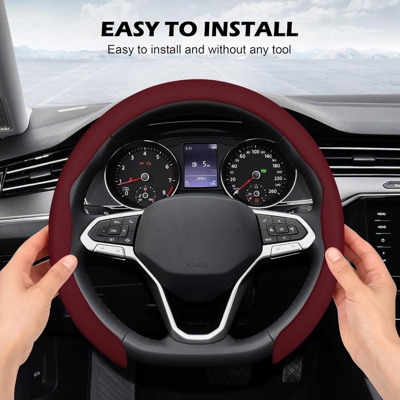 frani Nappa Leather Steering Wheel Cover,Universal Fit 15 Inch-Premium Non-Slip Breathable Comfort Grip for Cars Trucks SUVs,Anti-Slip Durable Interior Upgrade Wine Red - Image 4