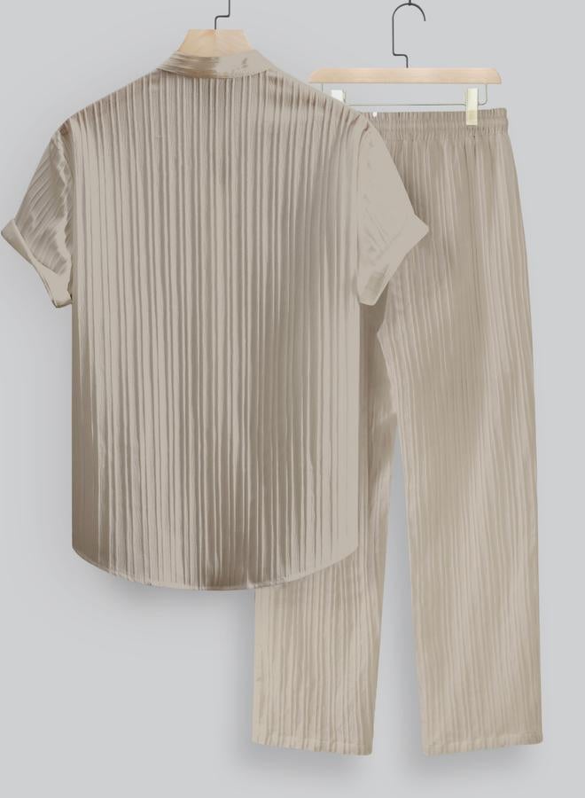 Take Two Men Beige Textured Shirt and Pants Co-Ords - Image 2