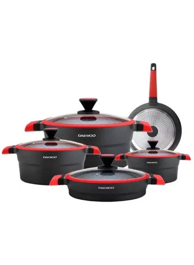 Daewoo X-Series Granite Cookware Set, 5 Pieces (32cm, 28cm, 24cm Saucepan, 28cm Frying Pan, 28cm Casserole) Black and Red - Image 1