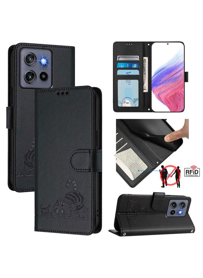S-TOP Case For Motorola Edge 50 Neo Cat Rat Embossed Pattern RFID Leather Phone Case with Lanyard - Image 1