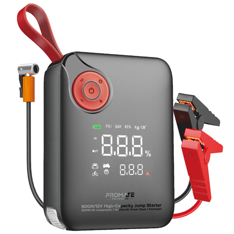PROMATE PatrolPack-4 800A Car Jump Starter with 150PSI Air Compressor, 10000mAh Power Bank, LED Flashlight, Dual USB & Type-C Input – 4-in-1 Emergency Starter Kit for Cars, SUVs, Motorcycles - Image 1