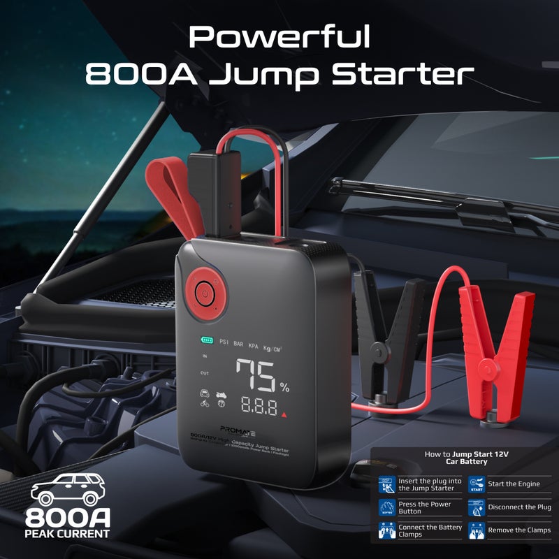 PROMATE PatrolPack-4 800A Car Jump Starter with 150PSI Air Compressor, 10000mAh Power Bank, LED Flashlight, Dual USB & Type-C Input – 4-in-1 Emergency Starter Kit for Cars, SUVs, Motorcycles - Image 2