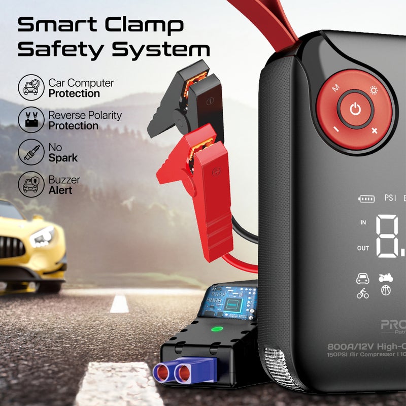 PROMATE PatrolPack-4 800A Car Jump Starter with 150PSI Air Compressor, 10000mAh Power Bank, LED Flashlight, Dual USB & Type-C Input – 4-in-1 Emergency Starter Kit for Cars, SUVs, Motorcycles - Image 3
