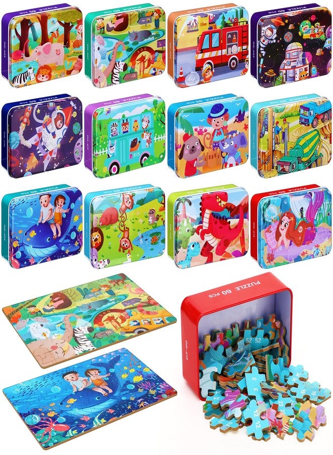 Silipull 12 Boxes Party Favors Jigsaw Puzzles in a Metal Box for Age of 4-8, Wooden Puzzle for Ages 4-8 Learning Educational Jigsaw Pieces Toys, 12 Styles(Lovely)(Novel) - Image 1