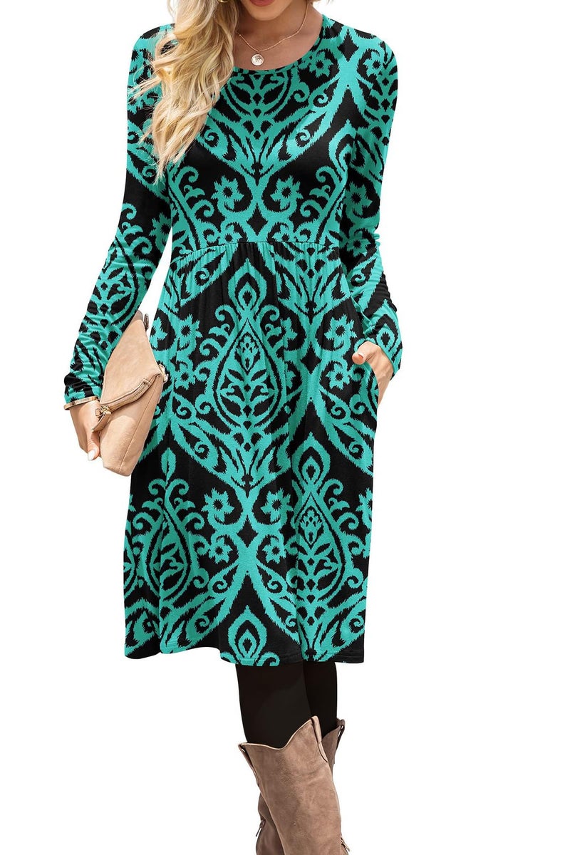 DB MOON Women Casual Long Sleeve Dresses Empire Waist Knee Length Loose Dress with Pockets (Black and Green, S) - Image 1