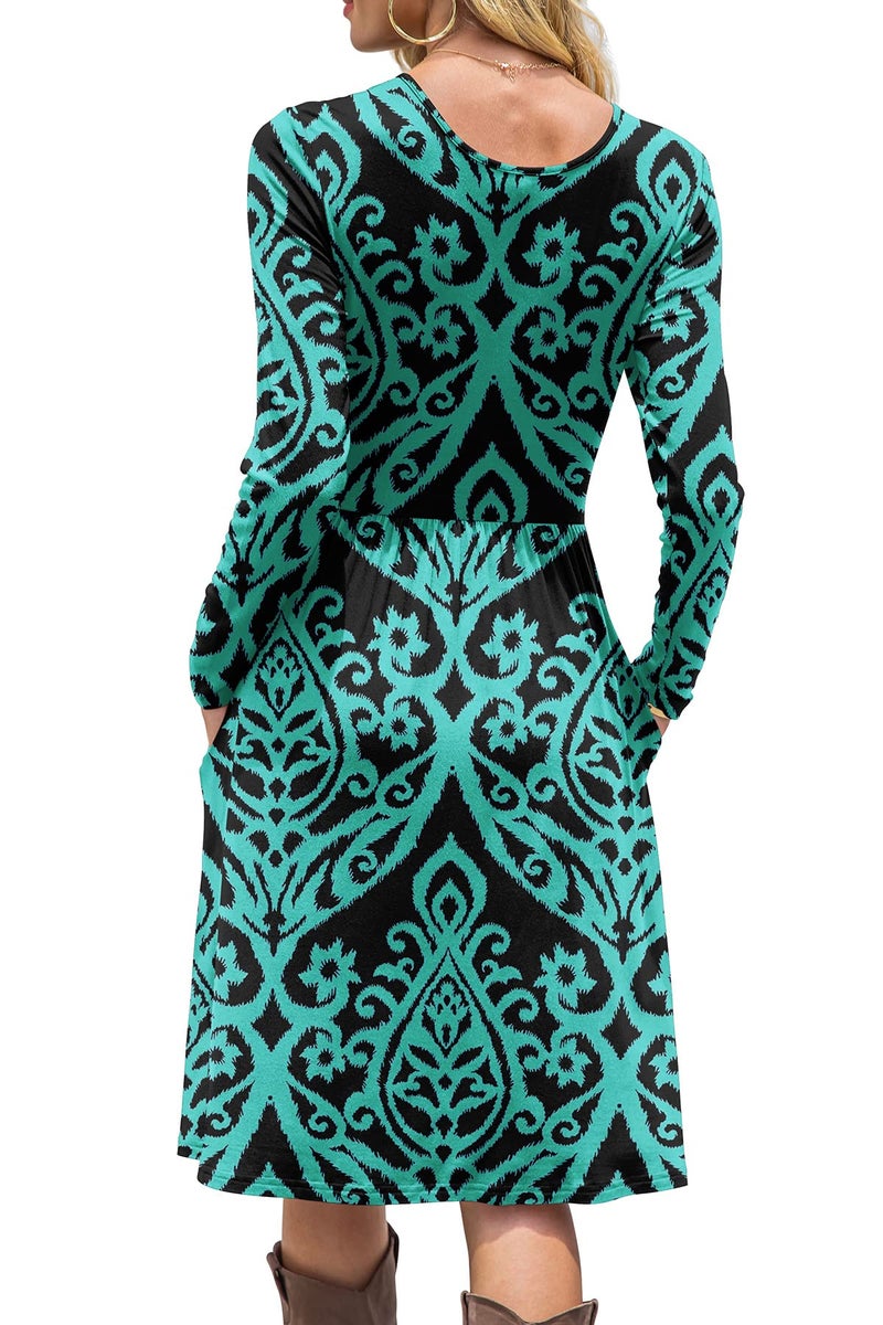 DB MOON Women Casual Long Sleeve Dresses Empire Waist Knee Length Loose Dress with Pockets (Black and Green, S) - Image 3