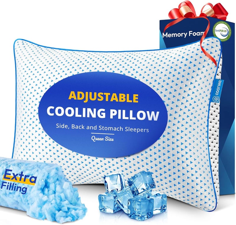 fulocean Adjustable Cooling Gel Memory Foam Pillows Queen Size for Sleeping 1 Pack,Thick Firm Bamboo Rayon Shredded Bed Pillow for Side,Back,Stomach Sleepers Washable Breathable Pillowcase,College Dorm Twin XL - Image 1