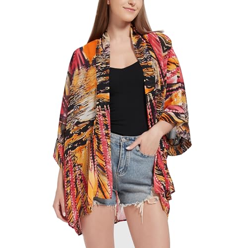 Max Hsuan Women's Loose Print Sheer Chiffon Kimono Beach Swim Cover up Cardigan Capes - Image 1