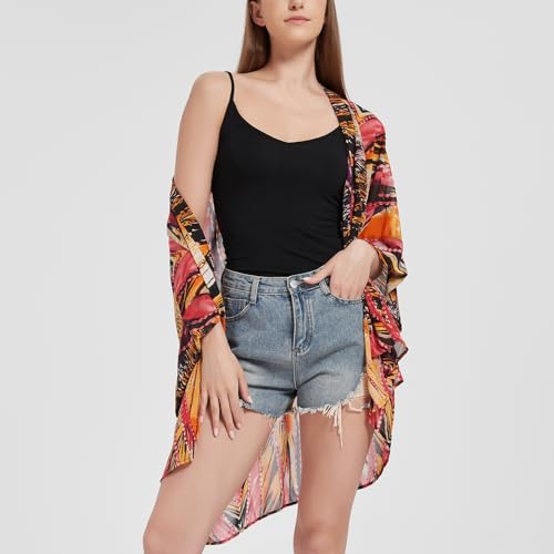 Max Hsuan Women's Loose Print Sheer Chiffon Kimono Beach Swim Cover up Cardigan Capes - Image 3