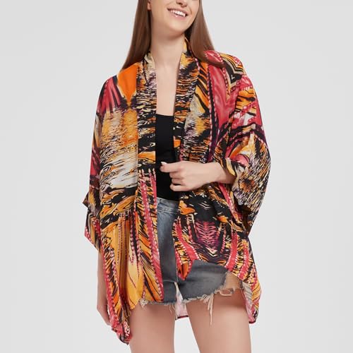 Max Hsuan Women's Loose Print Sheer Chiffon Kimono Beach Swim Cover up Cardigan Capes - Image 2