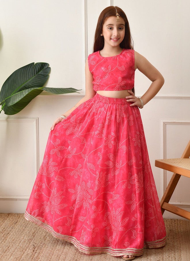 Indi-Loom Couture Girls Printed Zari Ready To Wear Lehenga & Blouse With Dupatta - Image 4