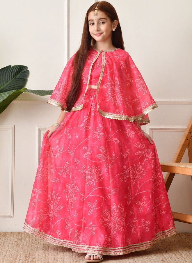 Indi-Loom Couture Girls Printed Zari Ready To Wear Lehenga & Blouse With Dupatta - Image 1