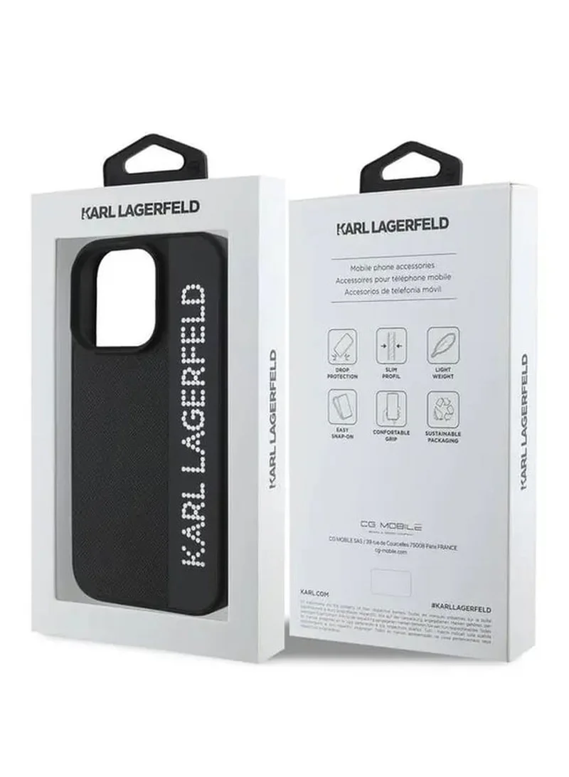 Karl Lagerfeld Saffiano Leather Hard Case with Elongated Logo for iPhone 16 Pro / PC Protector Camera/ Karl Diamond Logo/ Lightweight - Black