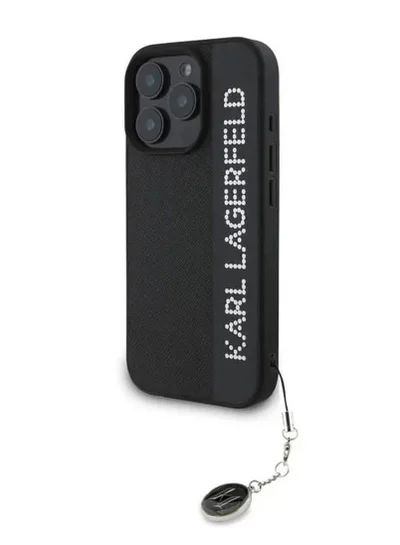 كارل لاغرفيلد جراب صلب من جلد سافيانو مع شعار ممدود لهاتف iPhone 16 Pro / واقي كاميرا الكمبيوتر/ شعار Karl Diamond/ خفيف الوزن - أسود