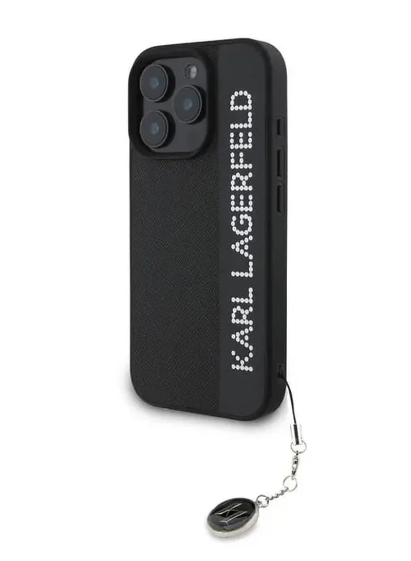 Karl Lagerfeld Saffiano Leather Hard Case with Elongated Logo for iPhone 16 Pro / PC Protector Camera/ Karl Diamond Logo/ Lightweight - Black