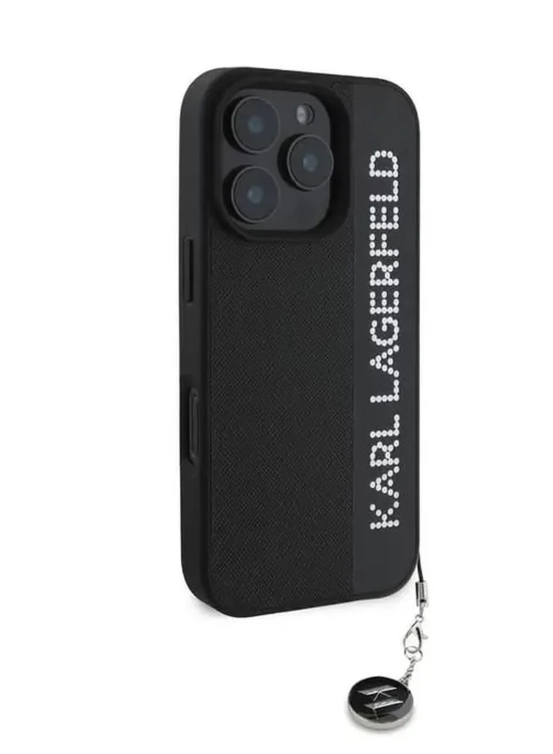 Karl Lagerfeld Saffiano Leather Hard Case with Elongated Logo for iPhone 16 Pro / PC Protector Camera/ Karl Diamond Logo/ Lightweight - Black