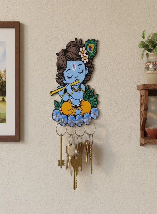 MEET DECOR Cute Krishna Wall-Mounted Key Holder, Decorative MDF Wood, 20x25 cm, 7 Hooks, Blue UV Printed Design, Decorative Wooden Key Stand – Home & Office - Image 1