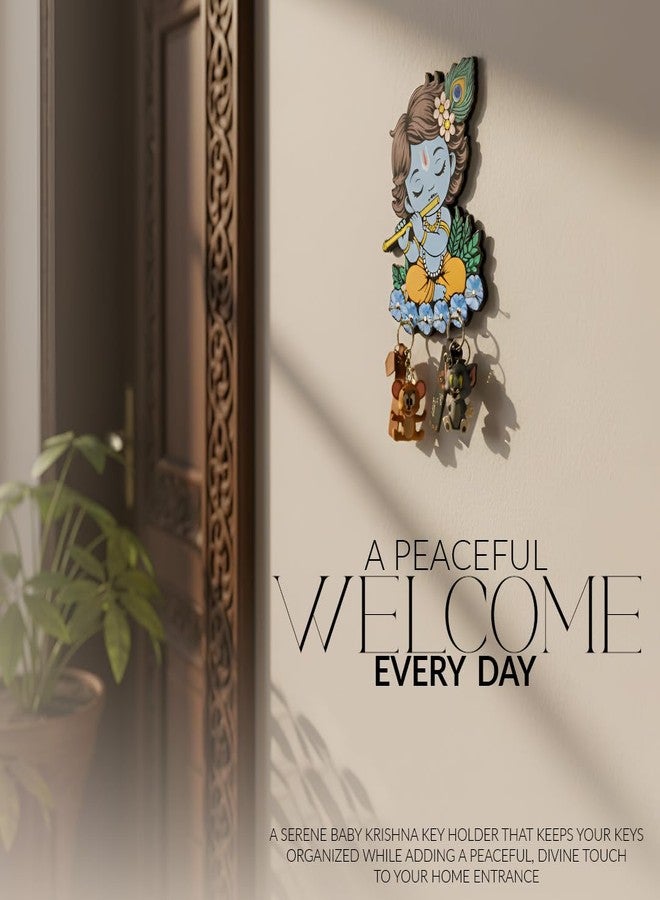 MEET DECOR Cute Krishna Wall-Mounted Key Holder, Decorative MDF Wood, 20x25 cm, 7 Hooks, Blue UV Printed Design, Decorative Wooden Key Stand – Home & Office - Image 2