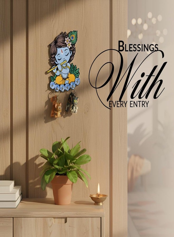 MEET DECOR Cute Krishna Wall-Mounted Key Holder, Decorative MDF Wood, 20x25 cm, 7 Hooks, Blue UV Printed Design, Decorative Wooden Key Stand – Home & Office - Image 4