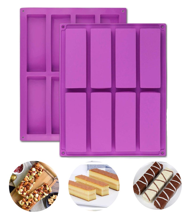 Large Rectangle Granola Bar Silicone Moulds 2PCS 8 Cavity Nutrition Cereal Bar Moulds Energy Bar Maker for Muffin Brownie Cornbread Cheesecake Pudding Cake and Soap