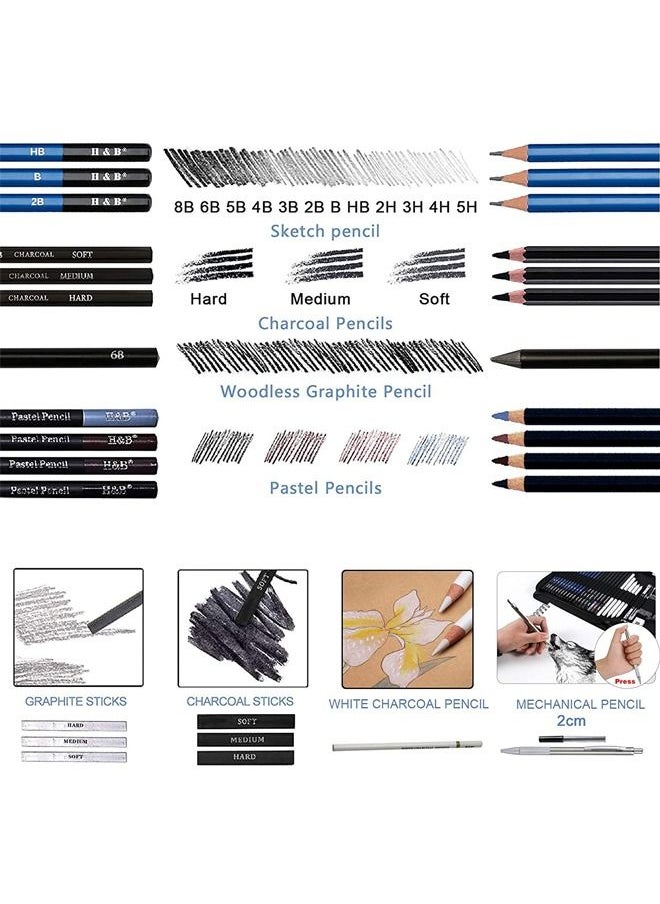 H&B - 50 Sketch Pencils Sketchbook Complete Set with 2cm Mechanical Pencil and Case - Graphite Professional Drawing Pencil Art Supply 16Sheets Sketch Pad Charcoal Stick Eraser for Beginner,Artist - Image 1