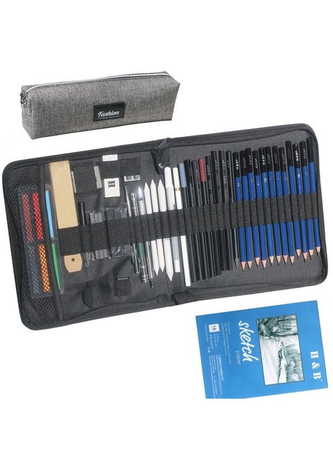 50 Sketch Pencils Sketchbook Complete Set with 2cm Mechanical Pencil and Case - Graphite Professional Drawing Pencil Art Supply 16Sheets Sketch Pad Charcoal Stick Eraser for Beginner,Artist