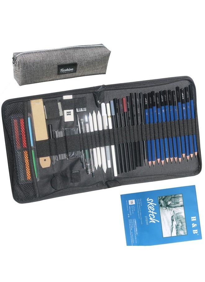 H&B - 50 Sketch Pencils Sketchbook Complete Set with 2cm Mechanical Pencil and Case - Graphite Professional Drawing Pencil Art Supply 16Sheets Sketch Pad Charcoal Stick Eraser for Beginner,Artist - Image 1