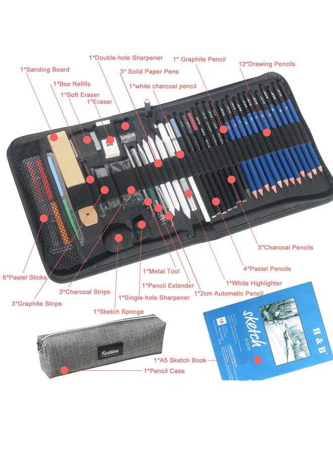 H&B - 50 Sketch Pencils Sketchbook Complete Set with 2cm Mechanical Pencil and Case - Graphite Professional Drawing Pencil Art Supply 16Sheets Sketch Pad Charcoal Stick Eraser for Beginner,Artist - Image 1