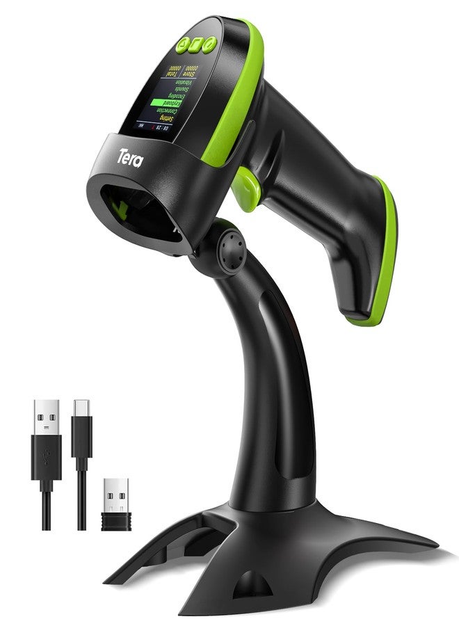 Tera Barcode Scanner Wireless 2D QR with Stand: Digital Setting Screen Keypad Pro Version Extra Fast Scanning Speed Works with Bluetooth 2.4G Wireless USB Wired Bar Code Reader HW0009-Z Green - Image 1