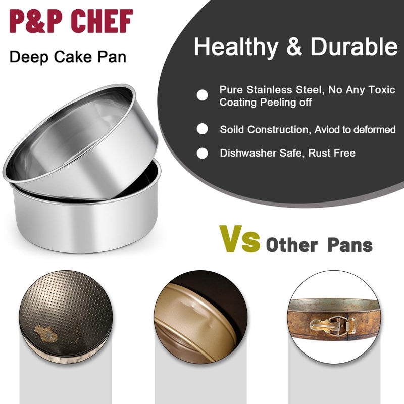 P&P CHEF 8 Inch Cake Pans Set, Round Baking Pan Stainless Steel Layer Birthday Wedding Cake Oven Pans, Non Toxic & Heavy Duty, Deep Side & Mirror Finish, Dishwasher Safe, (2Pcs) - Image 5