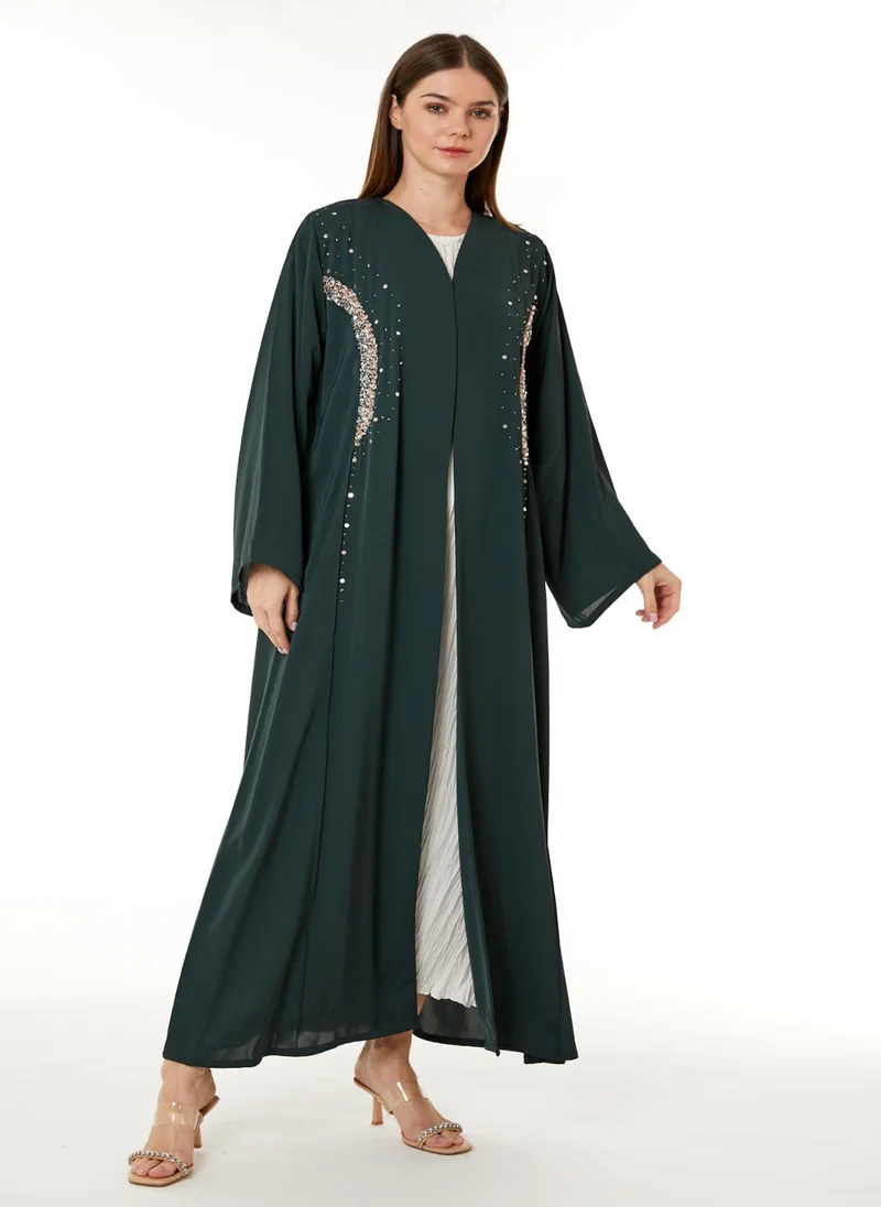 Moistreet Dark Green Korean Nida Hand Embellished Abaya