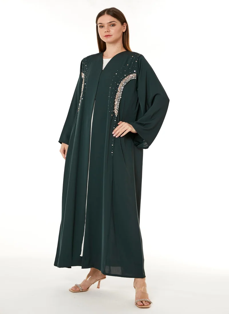 Moistreet Dark Green Korean Nida Hand Embellished Abaya