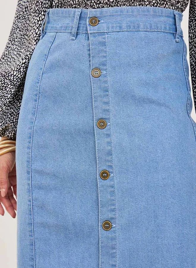 Styli Front Button Denim Midi Skirt