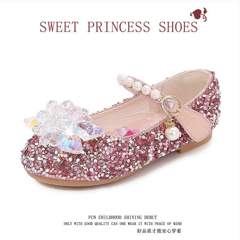 Summer Mary Pearl Girls Princess Shoes Soft Sole Korean Style Children's Sequined Leather Shoes Little Girls Performance Shoes