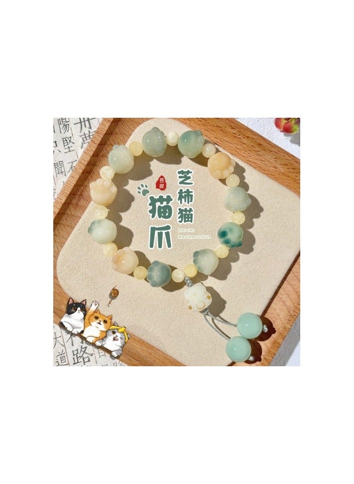 Handcrafted Cute Cat Paw Pendant Bead Bracelet Made from Natural Bodhi Fruit