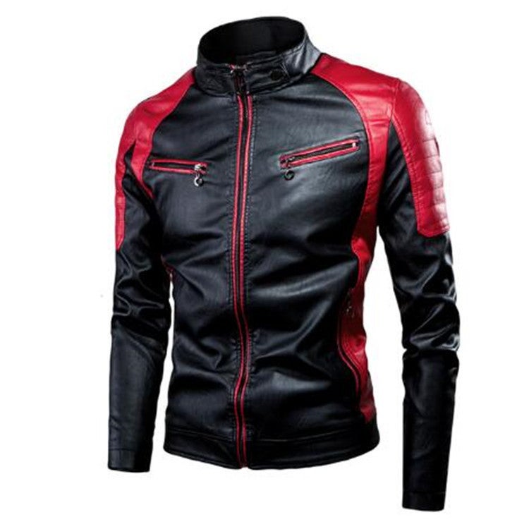 2022 Leisure Motorcycle Stitching Leather Jacket Men'S Fashion Stand Collar Retro Warm Leather Jacket - Image 1