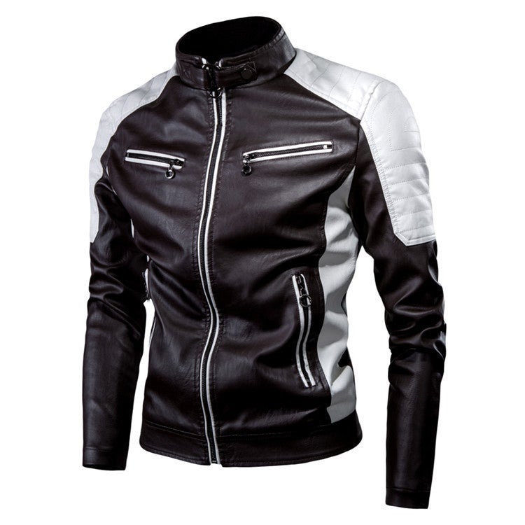2022 Leisure Motorcycle Stitching Leather Jacket Men'S Fashion Stand Collar Retro Warm Leather Jacket - Image 3