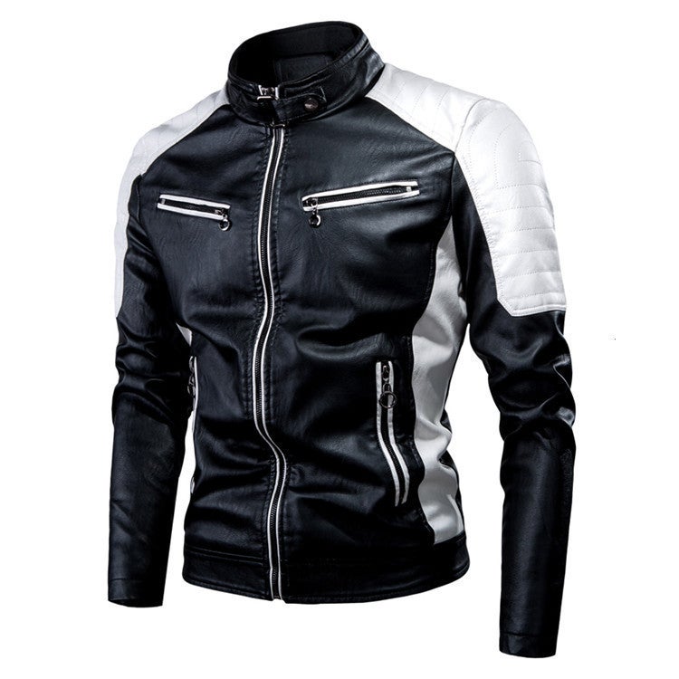 2022 Leisure Motorcycle Stitching Leather Jacket Men'S Fashion Stand Collar Retro Warm Leather Jacket - Image 4