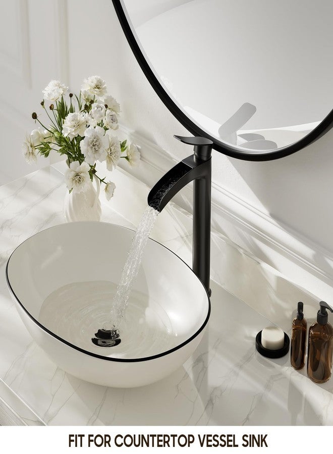 Phiestina Matte Black Tall Bathroom Vessel Sink Faucet, Waterfall Single Hole Single Handle Bathroom Faucet, with Metal Pop Up Drain and Water Supply Lines, NS-SF01-MB-V - Image 2