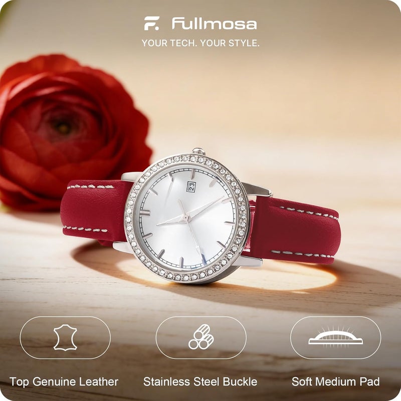 Fullmosa Watch Strap, Genuine Leather Watch Straps with Stainless Metal Clasp, Quick Release Replacement Bands, 14mm 16mm 18mm 19mm 20mm 22mm 24mm, Red - Image 2